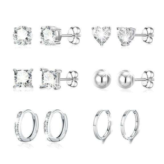 LUNVKY 6 Pairs 18K White Gold Plated Stud Earrings for Women Hypoallergenic CZ Post Hoop S925 Sterling Silver Earring Sets Birthday Valentines Day Jewelry Gifts Teen Girlfriend Wife Her Age Ideas