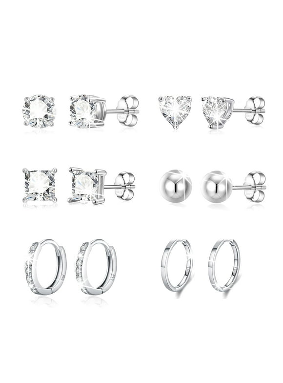 6 Pairs 18K White Gold Plated Stud Earrings for Women Hypoallergenic CZ Post Hoop S925 Sterling Silver Earring Sets Birthday Valentines Day Jewelry Gifts Teen Girlfriend Wife Her Age Ideas