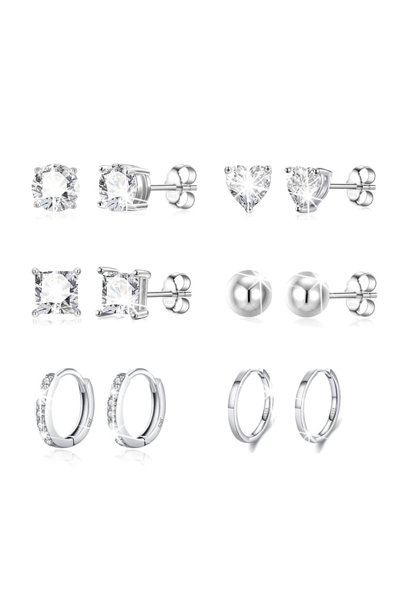 6 Pairs 18K White Gold Plated Stud Earrings for Women Hypoallergenic CZ Post Hoop S925 Sterling Silver Earring Sets Birthday Valentines Day Jewelry Gifts Teen Girlfriend Wife Her Age Ideas