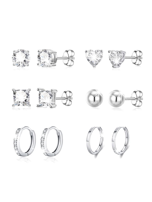 6 Pairs 18K White Gold Plated Hoop Earrings for Women with S925 Sterling Silver Post CZ Huggie Hypoallergenic Stud Earring Sets Birthday Christmas Jewelry Gifts Teen Adult Stocking Stuffers