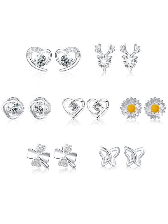 7 Pairs 18K White Gold Plated Stud Earrings for Women with S925 Sterling Silver Post CZ Cartilage Hypoallergenic Earring Sets Birthday Christmas Jewelry Gifts Teen Adult Stocking Stuffers