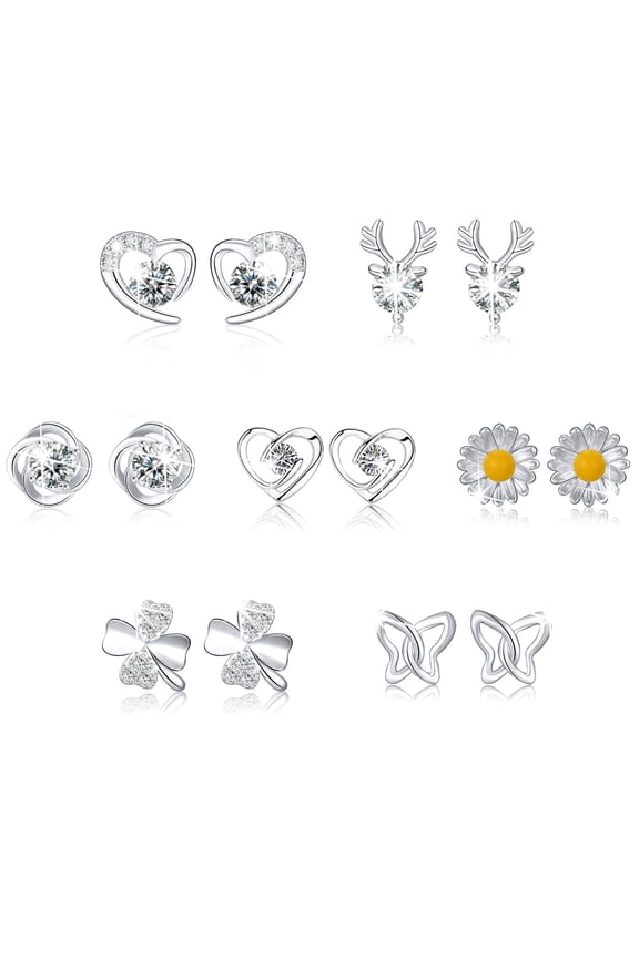 7 Pairs Stud Earrings for Women CZ Small Cartilage S925 Sterling Silver Post Hypoallergenic Earring Sets for Multiple Piercing Birthday Graduation Jewelry Gifts Teen Her Girlfriend Adult Ideas