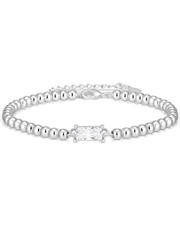 925 Silver Plated Beaded Bracelets for Women Girls CZ April Birthstone Bracelets with CZ Crystal Birthday Christmas Jewelry Gifts Teen Her Adults Girlfriend Female Stocking Stuffers for Kids