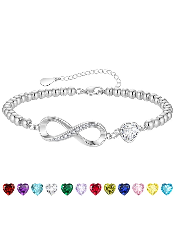 925 Silver Plated Infinity Love Heart Beaded Bracelets for Women Girls CZ April Birthstone Bracelets with Crystal Birthday Christmas Jewelry Gifts Teen Lady Mom Adults Stocking Stuffers Kids