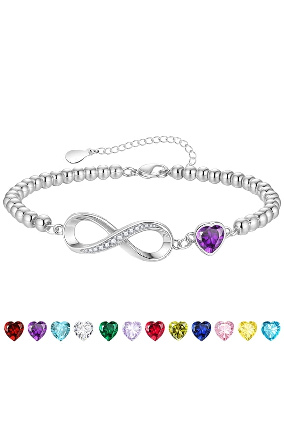 S925 Sterling Silver Plated Infinity Love Heart Beaded Bracelet for Women Girls CZ February Birthstone Bracelets with Purple Amethyst Birthday Graduation Jewelry Gifts Teen Her Mom Adults Kids