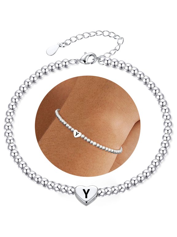 925 Silver Plated Love Heart Initial Beaded Bracelet for Women Letter Y Personalised Birthday Christmas Jewelry Gifts Teen Her Adults Stocking Stuffers Age Ideas