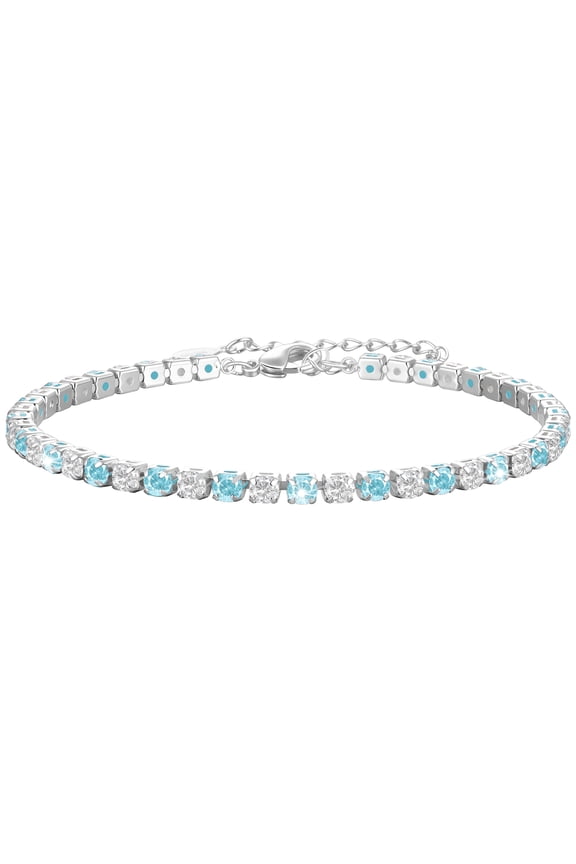 S925 Sterling Silver Plated Tennis Bracelets for Women Girls CZ March Birthstone Bracelets with Blue Aquamarine Birthday Graduation Jewelry Gifts Teen Mom Her Adult Wife Kids Age Ideas