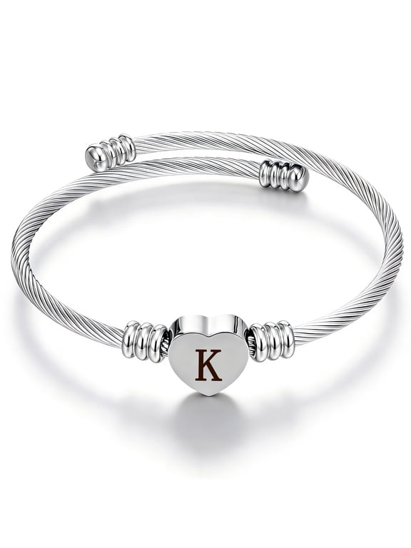 Silver Plated Love Heart Initial Bracelets for Women Girls Letter K Cuff Bracelet Open Adjustable Bangle Birthday Christmas Jewelry Gifts Teen Her Adult Mom Stocking Stuffers for Kids
