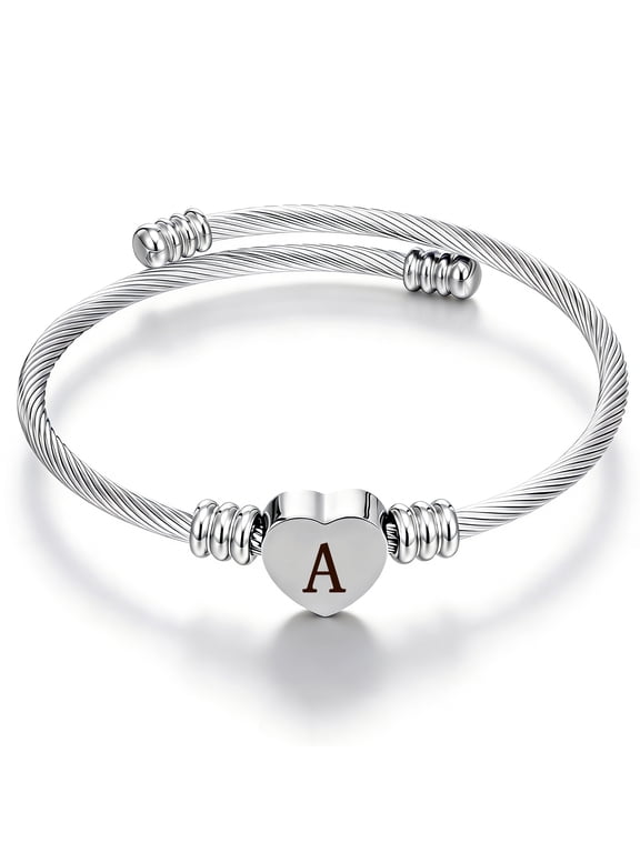 Silver Plated Love Heart Initial Bracelets for Women Girls Letter A Cuff Bracelet Open Adjustable Bangle Birthday Christmas Jewelry Gifts Teen Her Adult Mom Stocking Stuffers for Kids