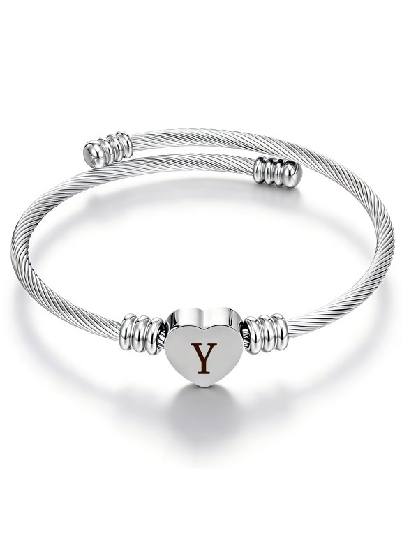 Silver Plated Love Heart Initial Bracelets for Women Girls Letter Y Cuff Bracelet Open Adjustable Bangle Birthday Christmas Jewelry Gifts Teen Her Adult Mom Stocking Stuffers for Kids