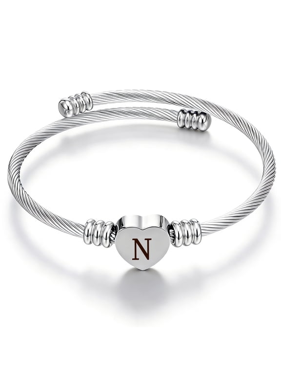 Silver Plated Love Heart Initial Bracelets for Women Girls Letter N Cuff Bracelet Open Adjustable Bangle Birthday Christmas Jewelry Gifts Teen Her Adult Mom Stocking Stuffers for Kids