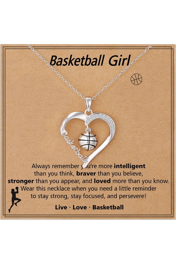 18K White Gold Plated Basketball Themed Love Heart Necklaces for Girls CZ Pendant Chain Birthday Valentines Day Jewelry Gifts Teen Girlfriend Wife Kids Age Ideas Team Game Day Sports Athlete