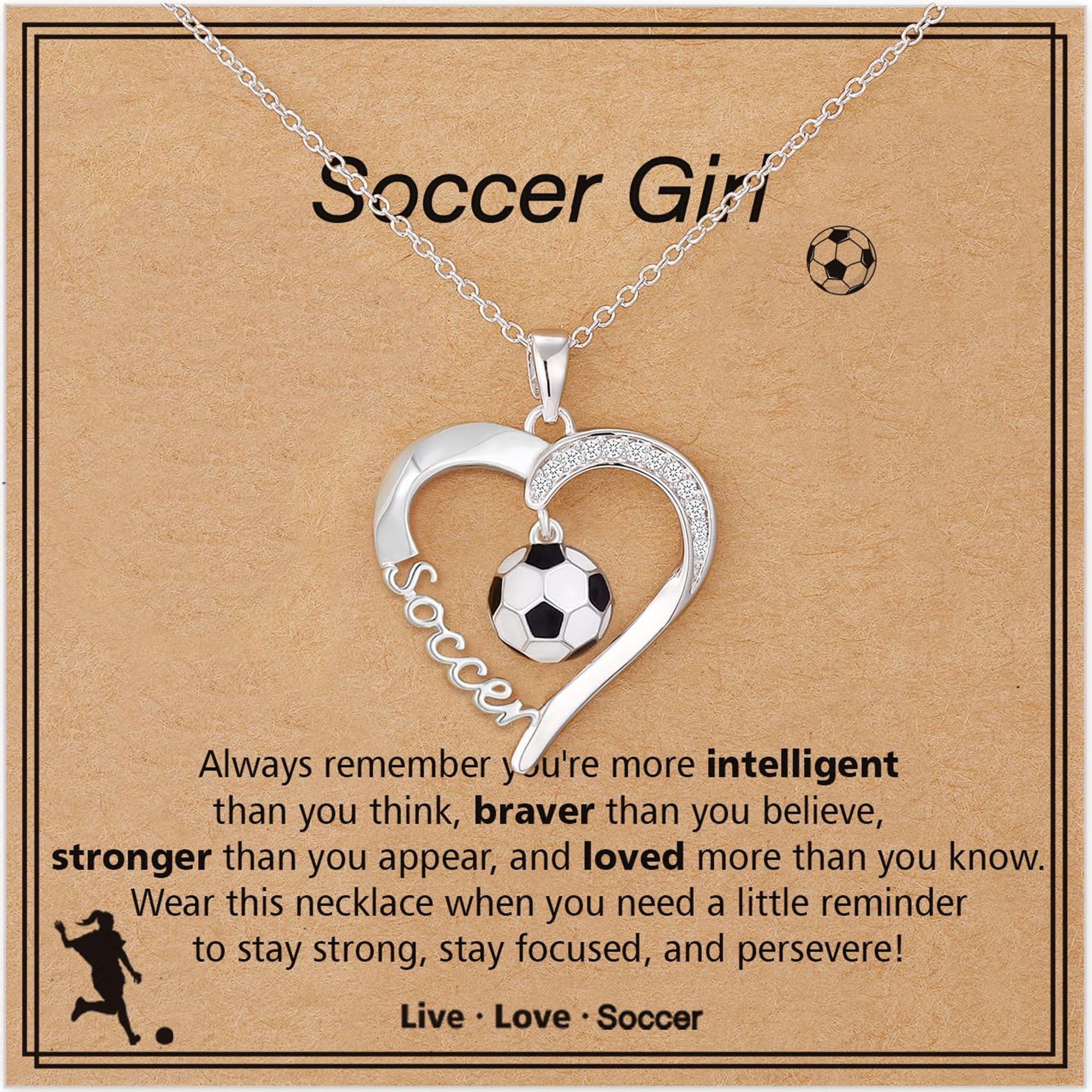 18K White Gold Plated Soccer Themed Love Heart Necklaces for Girls CZ Pendant Chain Birthday Christmas Jewelry Gifts Teen Stocking Stuffers Kids Age Ideas Team Game Day Sports Athlete