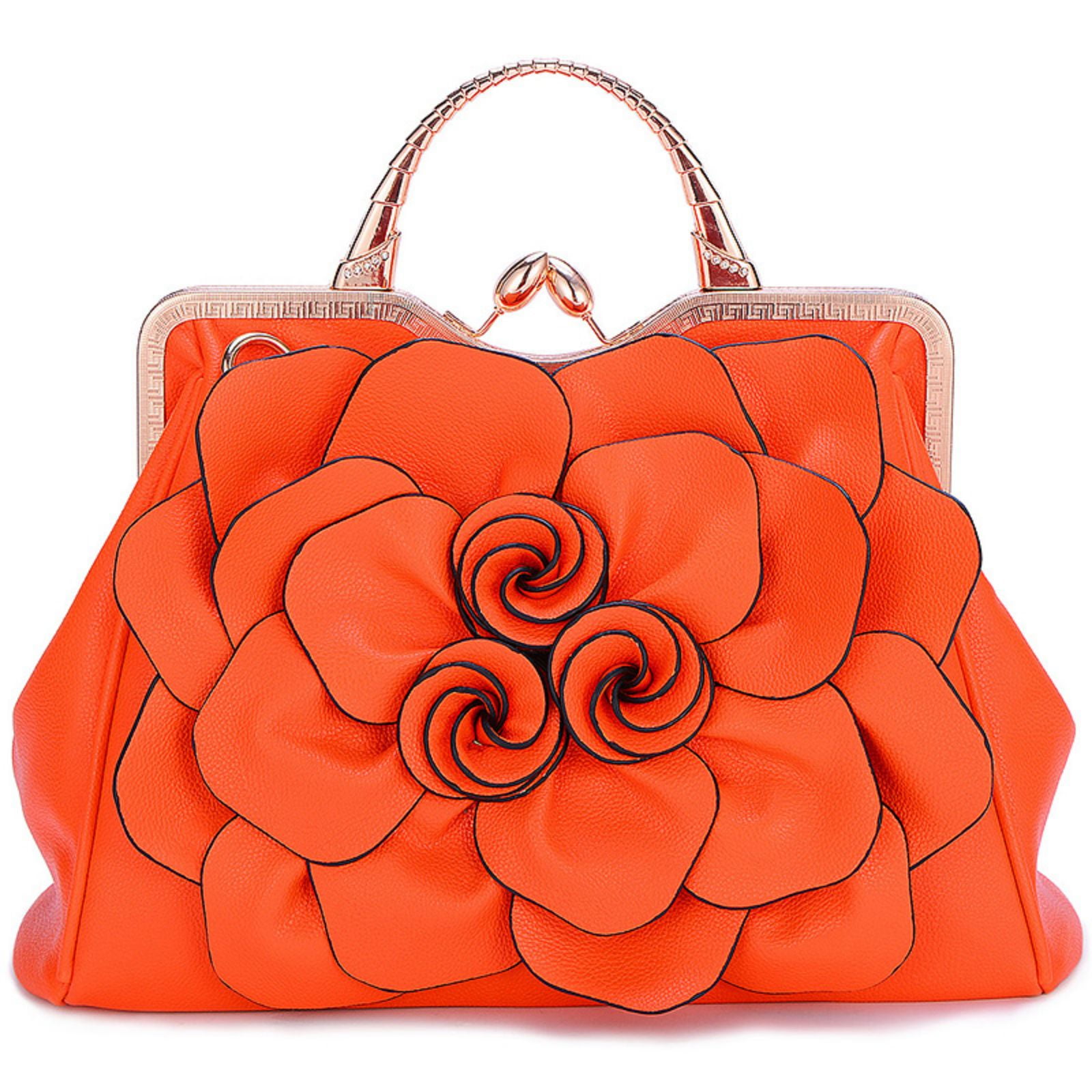 LUOBANIU Women's Evening Clutches Handbags Formal Flower Wedding Purse Party Wristlets Totes Satchel Bags with Strap 9156 Orange