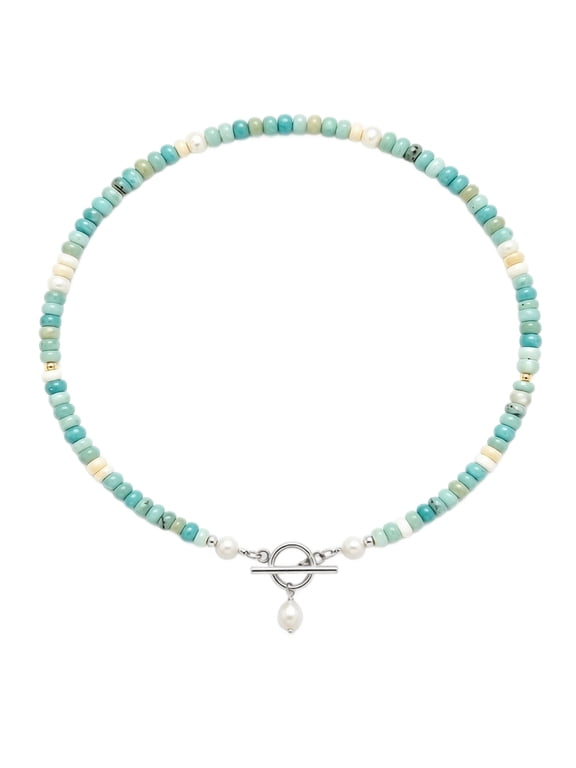 Bohemian Synthetic Turquoise Disc Bead Choker Necklace with Faux Pearl Detail Handcrafted Natural Stone Beaded Jewelry Statement Piece for Women with T-Bar Clasp, Silver