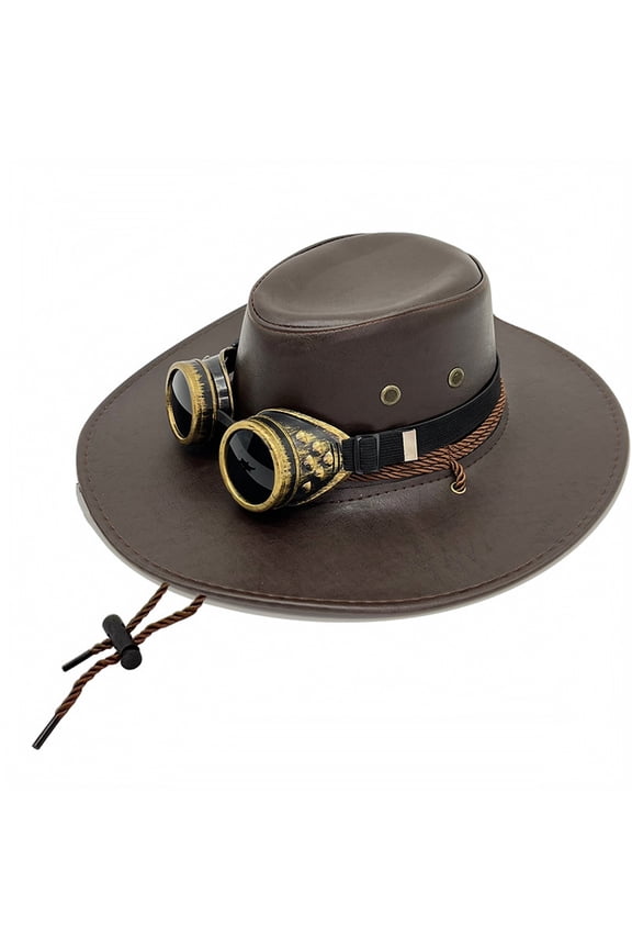 Western PU Leather Jazz Hat with Sunglasses Wide Brim Sun Protection Fedora for Halloween Outdoor Role Play, Coffee