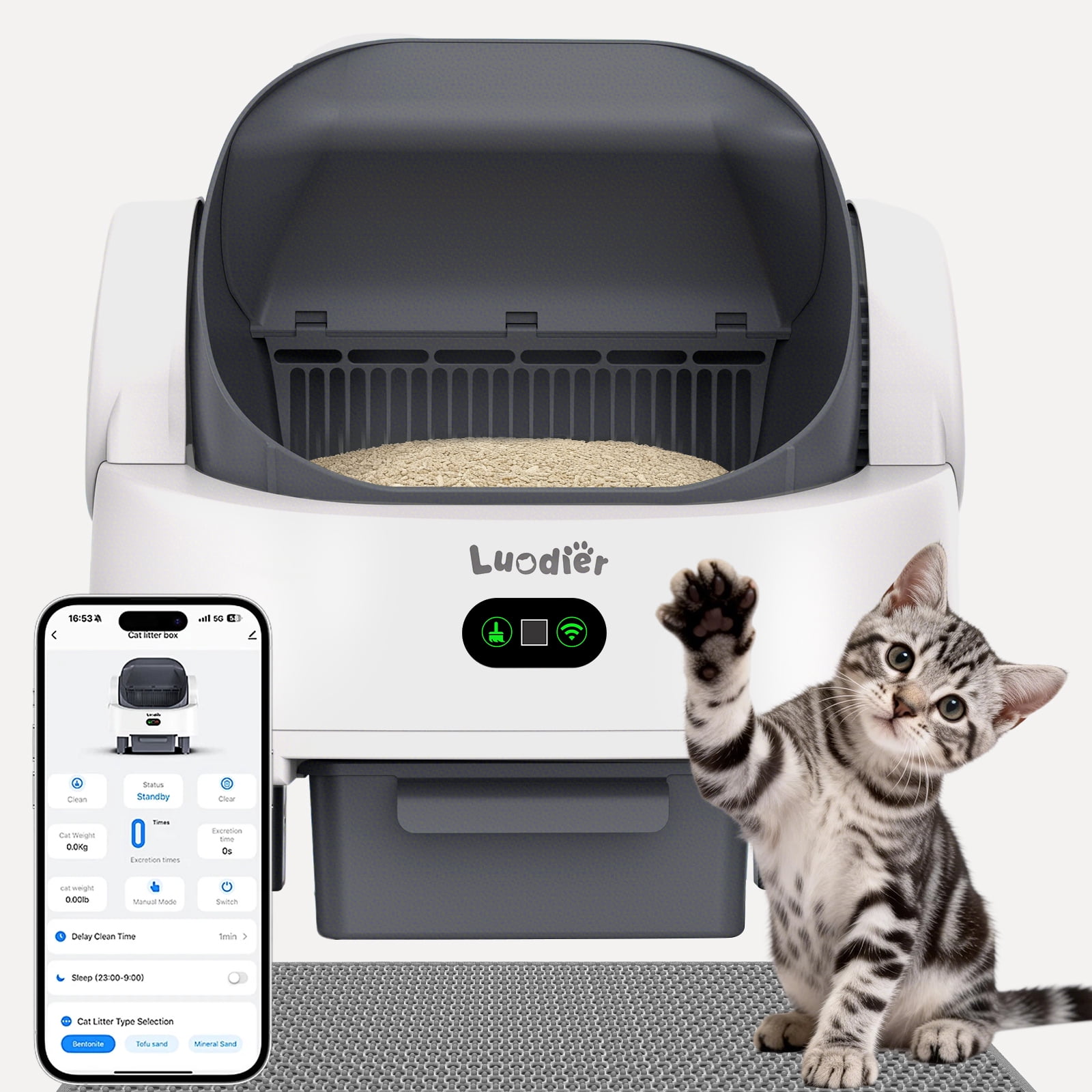 LUODIER Self-Cleaning Litter Box for Multiple Cats, Automatic Open-Top Smart Cat Litter Box with App Control & Odor Control, 12 Safety Sensors, Includes Waste Bags & Waterproof Mat, White