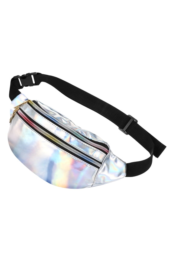 LUOEM 1PC Fashion Holographic PU Leather Shining Fanny Pack Waist Packs for Women Girls (Silver)