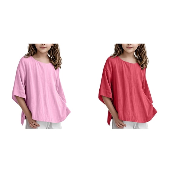 LUOGENLI 2 Pack Children Girls' Shirt 3/4 Sleeve Linen Blouse Leisure Top Elegant Top Girls T Shirt Crew Neck Plain Blouse 3 15 Years Tops for Girls 7-8 150