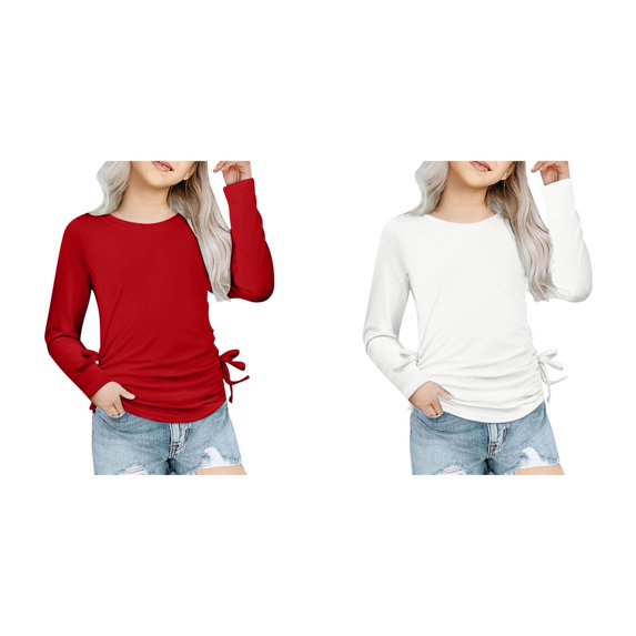 LUOGENLI 2 Pack Children Kids Girls Long Sleeve Crew Neck Ruched Knot Side T Shirt Top Casual Loose Tee Shirt Blouse Cute Tops for Girls 8-9 130
