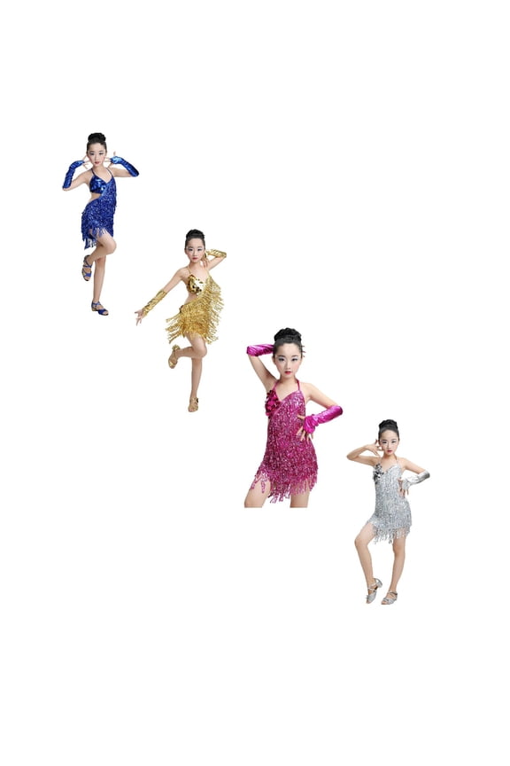 2 Pack Girls Party Dancewear Ballroom Dance Dress Girl's Sequined Fringe Latin Practice Dresses + Sleeves Fourth of July Dresses for Girls Size 12 140
