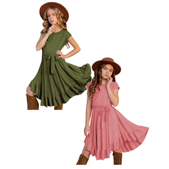 LUOGENLI 2 Pack Kids Little Girls Vintage Dress Solid Short Sleeve Ruffles Swing Retro Rockabilly Dresses 7-12Y Party Dresses Clothes Girls Fourth of July Dress 10-12 Summer S