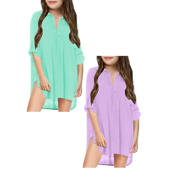 LUOGENLI 2 Pack Little Girl's Kids Swimsuit Beach Cover up for Girl Chiffon Shirt Bikini Beachwear Bathing Suit Beach Dress Swim Coverup Girls Fourth of July Dress 10-12 S