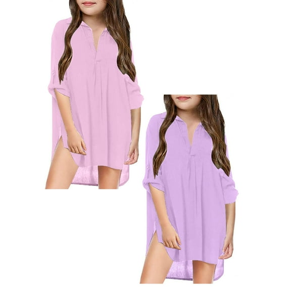 LUOGENLI 2 Pack Little Girl's Kids Swimsuit Beach Cover up for Girl Chiffon Shirt Bikini Beachwear Bathing Suit Beach Dress Swim Coverup Summer Fourth of July Dresses for Girls 6-7 XL