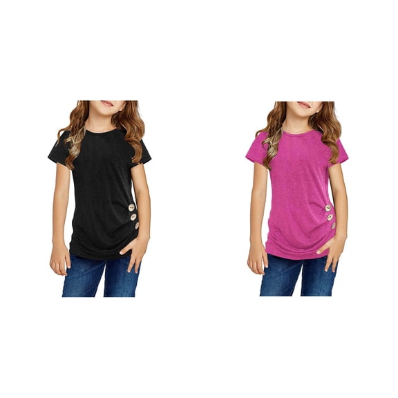 LUOGENLI 2 Pack T Shirts Christmas Shirts for Girls 12-14 Cute Knot Tunic Button Short Girls Sleeve Tshirt Casual Tops Front Blouse Tee Kids Girls Tops Tops for Girls 12-14 L