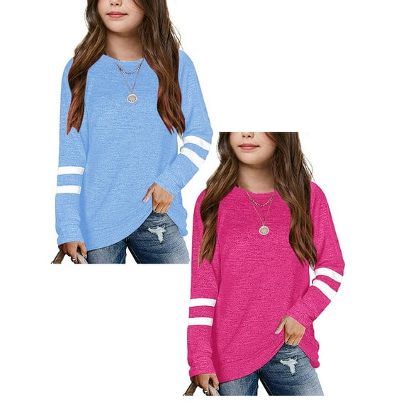 LUOGENLI 2 Pack T Shirts Crop Tops for Girls 7-8 Kids Girls Casual Crewneck Tunic Tops Long Sleeve Pullover Sweatshirt Casual Loose Blouse T-Shirt Cute Summer Tops for Girls 12-14 XL