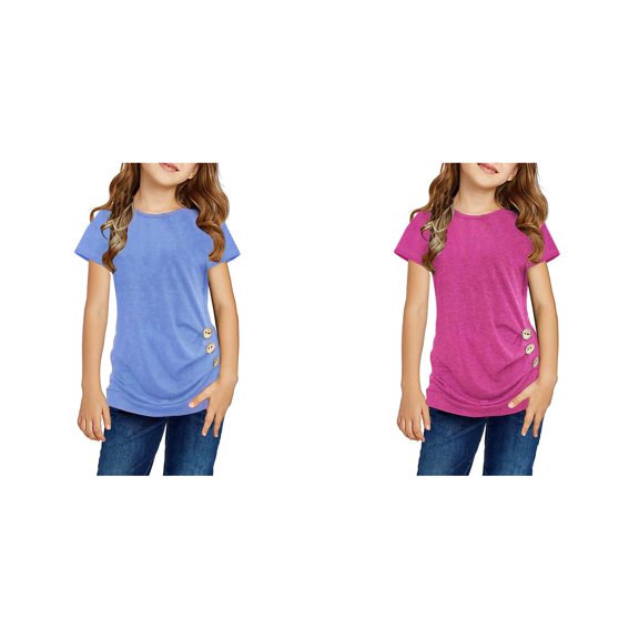 LUOGENLI 2 Pack T Shirts Cute Summer Tops for Girls 10-12 Not Cropped Knot Tunic Button Short Girls Sleeve Tshirt Casual Tops Front Blouse Tee Kids Girls Tops Tops for Girls 12-14 S