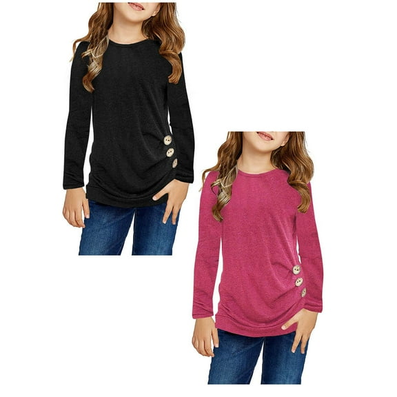 LUOGENLI 2 Pack T Shirts Shirts for Girls 7-8 Kids Girls Casual Tunic Tops Knot Front Button Long Sleeve Casual Loose Blouse T-Shirt Tee Christmas Shirts for Girls 12-14 Cute XXL