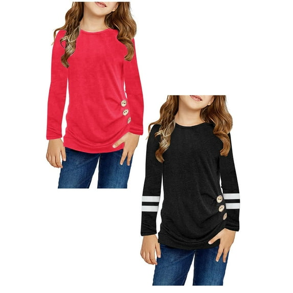 LUOGENLI 2 Pack T Shirts Girls Summer Tops Size 10-12 Long Sleeves Kids Girls Casual Tunic Tops Knot Front Button Long Sleeve Casual Loose Crewneck Blouse T-Shirt Tee Shirts for Girls 4T 5T XL