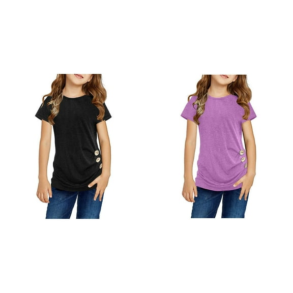 LUOGENLI 2 Pack T Shirts Girls Summer Tops Size 8 Knot Tunic Button Short Girls Sleeve Tshirt Casual Tops Front Blouse Tee Kids Girls Tops Christmas Shirts for Girls 10-12 Cropped S
