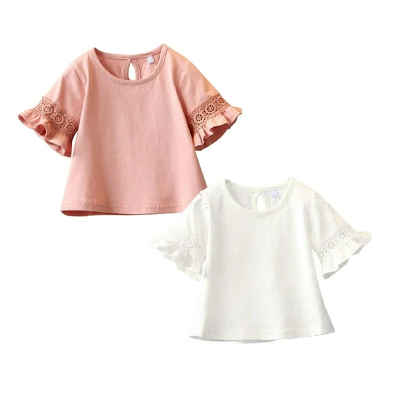 LUOGENLI 2 Pack T Shirts Shirts for Girls 14-16 Toddler Girls T Shirts Lace Half Sleeve Round Neck Loose Blouse Summer Solid Color Casual Girl Tops Christmas Shirts for Girls 7-8 2-3 Years