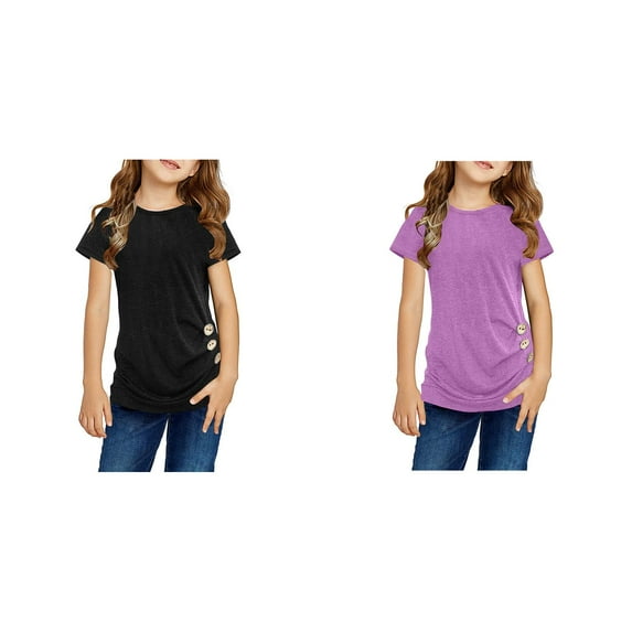 LUOGENLI 2 Pack T Shirts Shirts for Girls 14-16 Years Old Knot Tunic Button Short Girls Sleeve Tshirt Casual Tops Front Blouse Tee Kids Girls Tops Trendy Tops for Girls XL