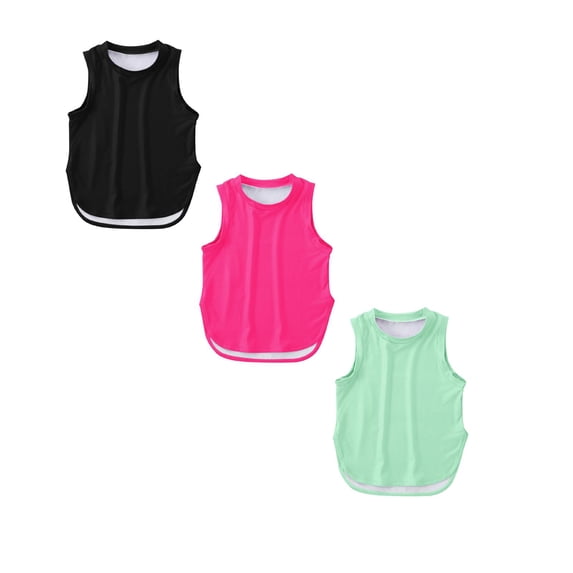 LUOGENLI 3 Pack Kids Girls Summer Athletic Solid Color Tank Tops Split Curved Hem Sleeveless Shirts for Gym Yoga Running Shirts for Girls 12-14 120