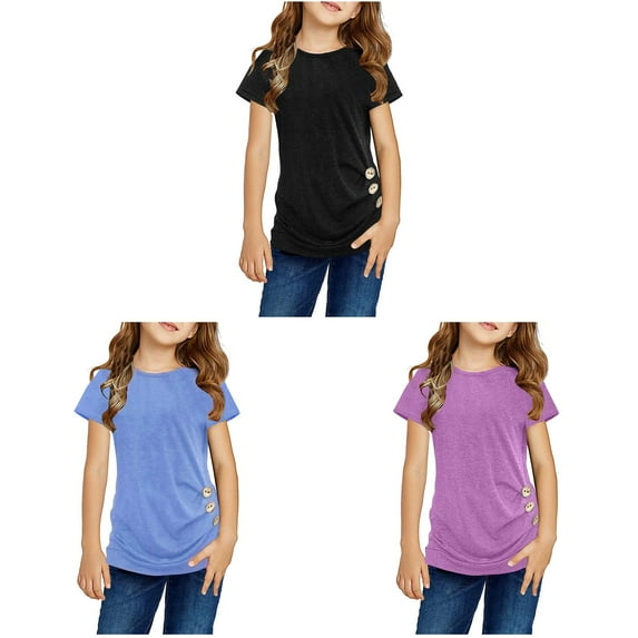 LUOGENLI 3 Pack T Shirts Tops for Girls Trendy Knot Tunic Button Short Girls Sleeve Tshirt Casual Tops Front Blouse Tee Kids Girls Tops Shirts for Girls 10-12 Tank Top Tops for Girls 7-8 L