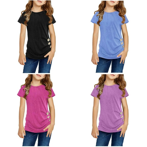 LUOGENLI 4 Pack T Shirts Tops for Girls 10-12 Crop Top Gymnastics Suit Knot Tunic Button Short Girls Sleeve Tshirt Casual Tops Front Blouse Tee Kids Girls Tops M