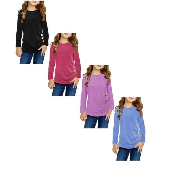 LUOGENLI 4 Pack T Shirts Tops for Girls 6-7 Years Old Kids Girls Casual Tunic Tops Knot Front Button Long Sleeve Casual Loose Blouse T-Shirt Tee Shirts for Girls 10-12 Trendy M