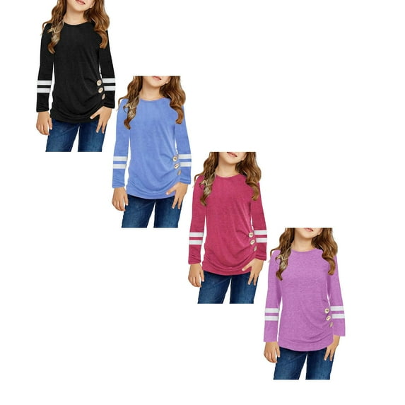 LUOGENLI 4 Pack T Shirts Tops for Girls 7-8 Kids Girls Casual Tunic Tops Knot Front Button Long Sleeve Casual Loose Blouse T-Shirt Tee Christmas Shirts for Girls 11-12 Summer Tops for Girls 14- 16 M
