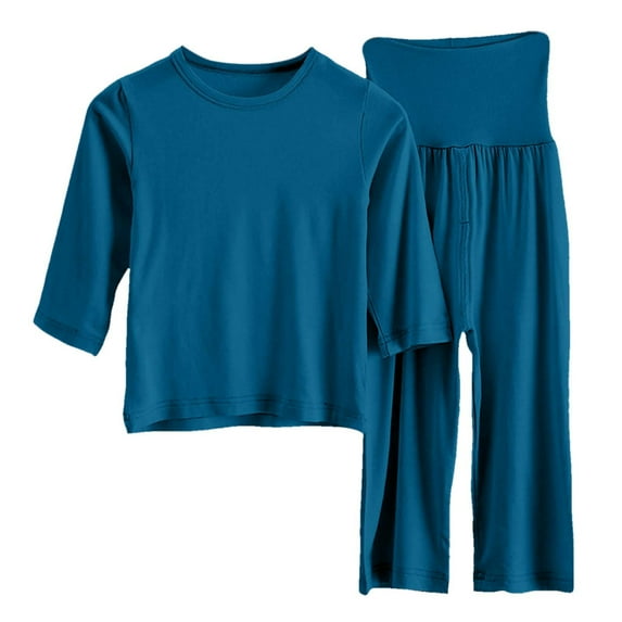 LUOGENLI 4T Girl Summer Outfits Girls Clothes Summer Solid Knit Short Sleeve T Shirt Tee Flare Pants Set Toddler Bottoms Outfit Little Girls Outfits Dark Blue 5-6 Years