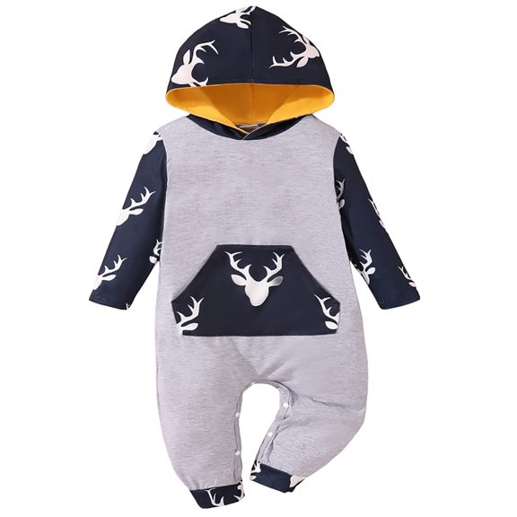 LUOGENLI Autumn 4th of July Outfits for Boy Size 6/7 Baby Boys Long Sleeve Christmas Deer Print Hooded Romper Jumpsuit Fall Winter Clothes Baptism Outfits for Boys Size 7 3-6 Months