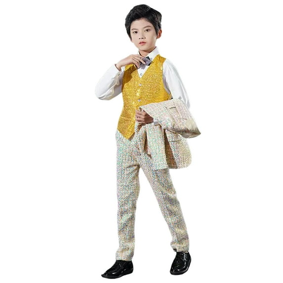 LUOGENLI Baby Boy Pants 12 Months Pack Toddler Boys Tuxedo Suit Boys Slim Fit Formal Wedding Party Revelry Shinning Outfit Suit Kids 4 Piece Vest Pants Jacket Suit Set 9-10 Years
