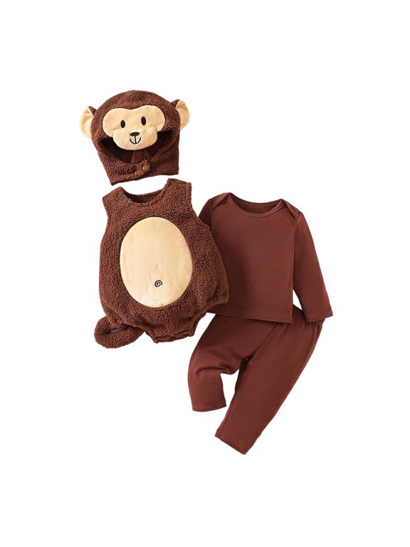Boys Fashion Baby Monkey Costume Hooded Jumpsuit Brown One Piece Romper with Tail for Infant Dress Up and Party Brown 3-6 Months