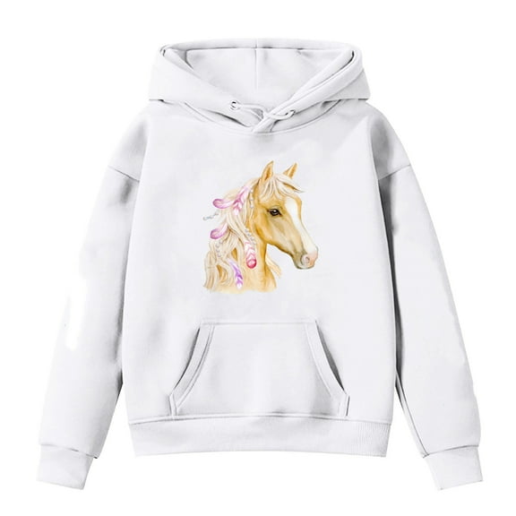 LUOGENLI Boys Hoodies Size 7 Kids Horse Print Long Sleeve Hoodies Hoodies for Teen Girls Cotton White Size 6-7 Years