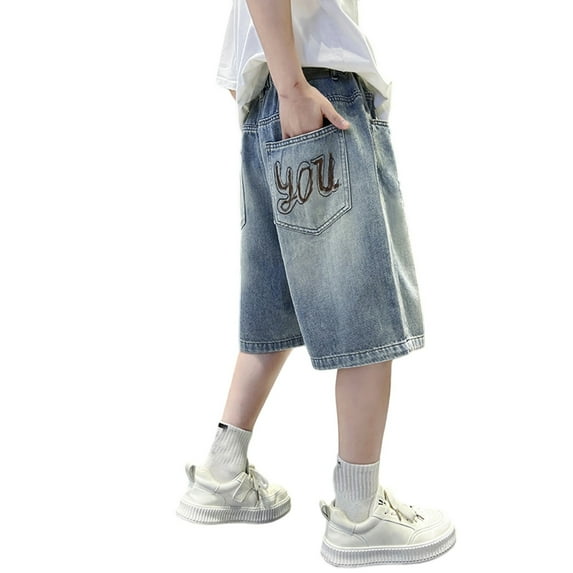 LUOGENLI Boys Jeans Shorts Size 14-16 Boys Loose Denim Shorts Ripped Soft Elastic Band Jean Middle Pants Boys Jeans Size 14 Bootcut Blue-1 Size 9-10 Years