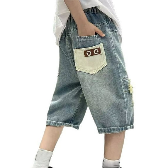 LUOGENLI Boys Jeans Shorts Size 14-16 Boys Loose Denim Shorts Ripped Soft Elastic Band Jean Middle Pants Boys Jeans Size 14 Bootcut Blue 7-8 Years