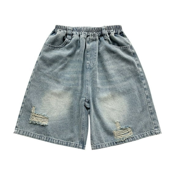 LUOGENLI Boys Jeans Shorts Size 7 Boys Mid Thigh Denim Shorts Ripped Soft Elastic Band Inside Half Jean Pants Boys Jeans Size 14-16 Blue 8-9 Years
