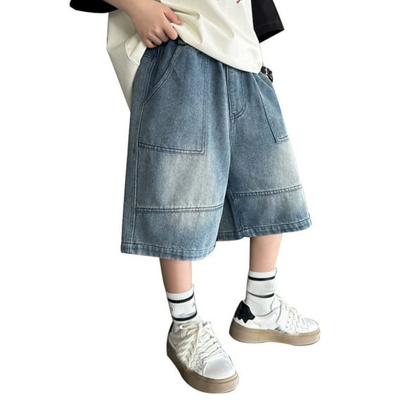 LUOGENLI Boys Jeans Size 10 Bootcut Boy's Elastic Waist Wide Leg Casual Loose Half Eighths Jeans with Pockets Boys Jeans Size 8 Elastic Waist Blue 10-12 Years